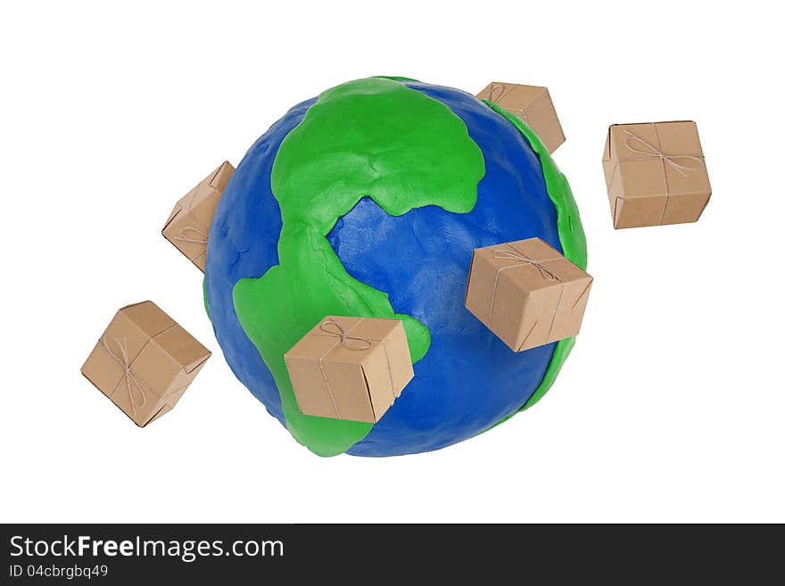 Plasticine Globe and flying around the cardboard boxes. Plasticine Globe and flying around the cardboard boxes