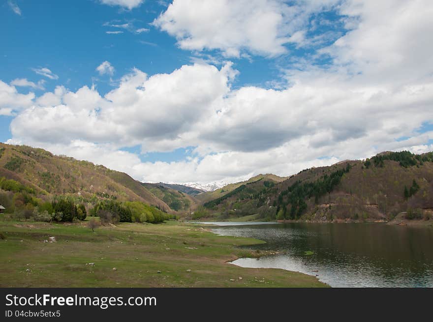 Spring natural scenery with mountain lake