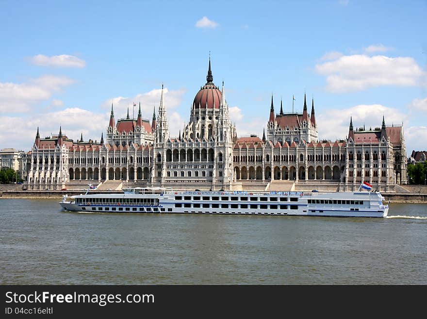 The parliament building with ship in Budapest, Hungary