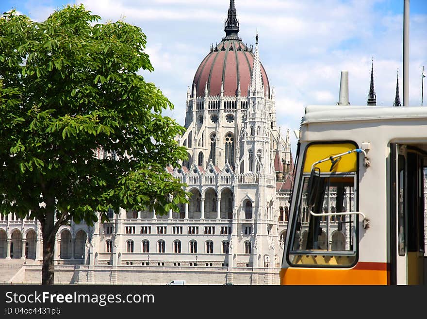 Tramway and parliament building in Budapest, Hungary