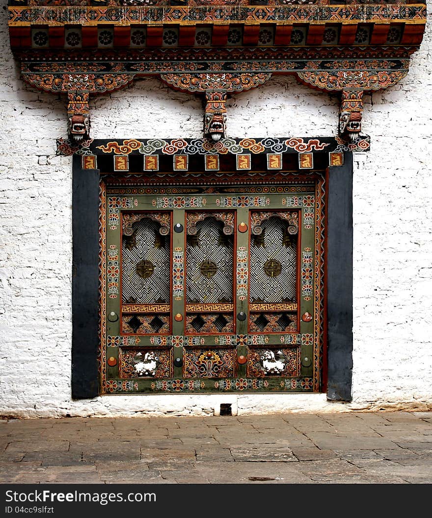 Bhutanese window in the Temple of Bhutan.