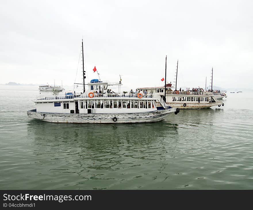 Tourist boats in Halong Bay, Vietnam.