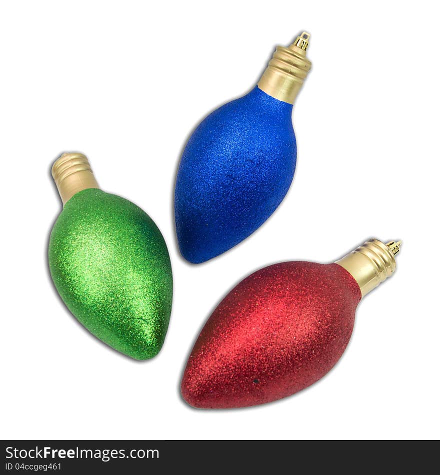 Christmas light glitter ornaments on white background. Christmas light glitter ornaments on white background