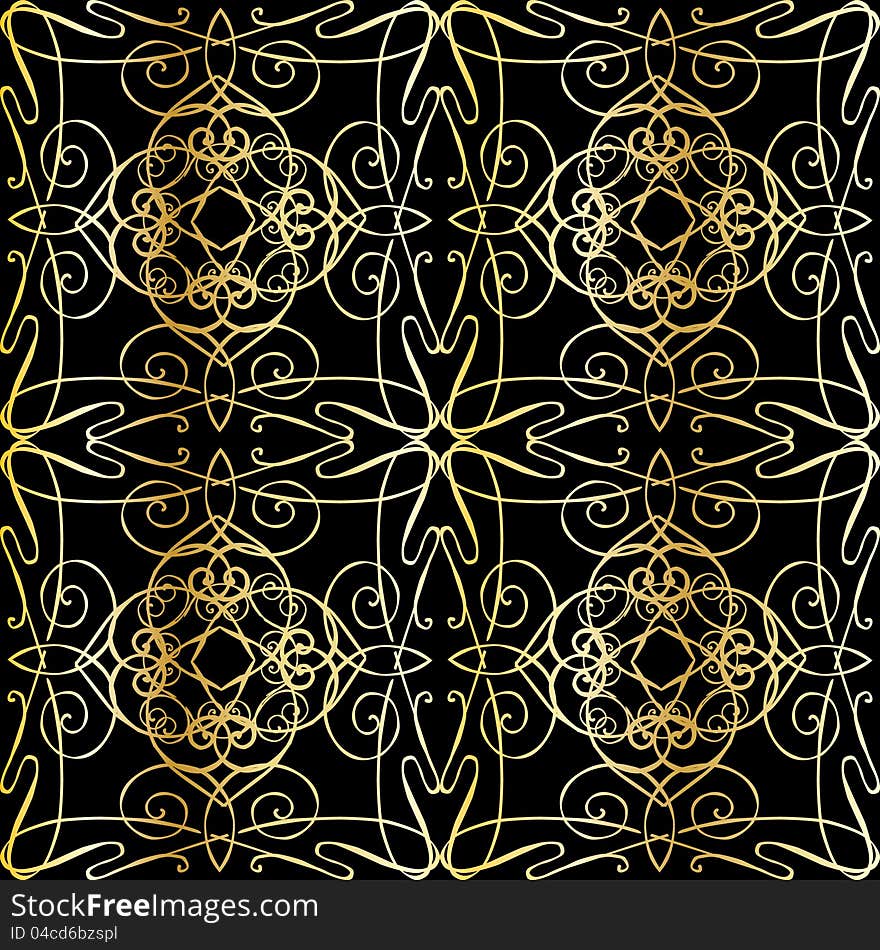 Seamless black background with filigree ornamentation in the style of Art Nouveau. Seamless black background with filigree ornamentation in the style of Art Nouveau