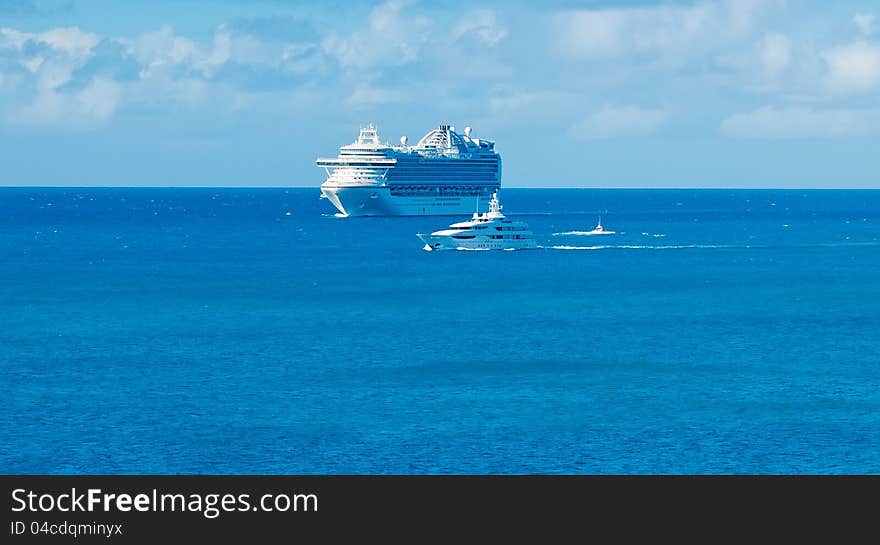 Cruise Ship and Luxury Yacht in the Caribbean Sea