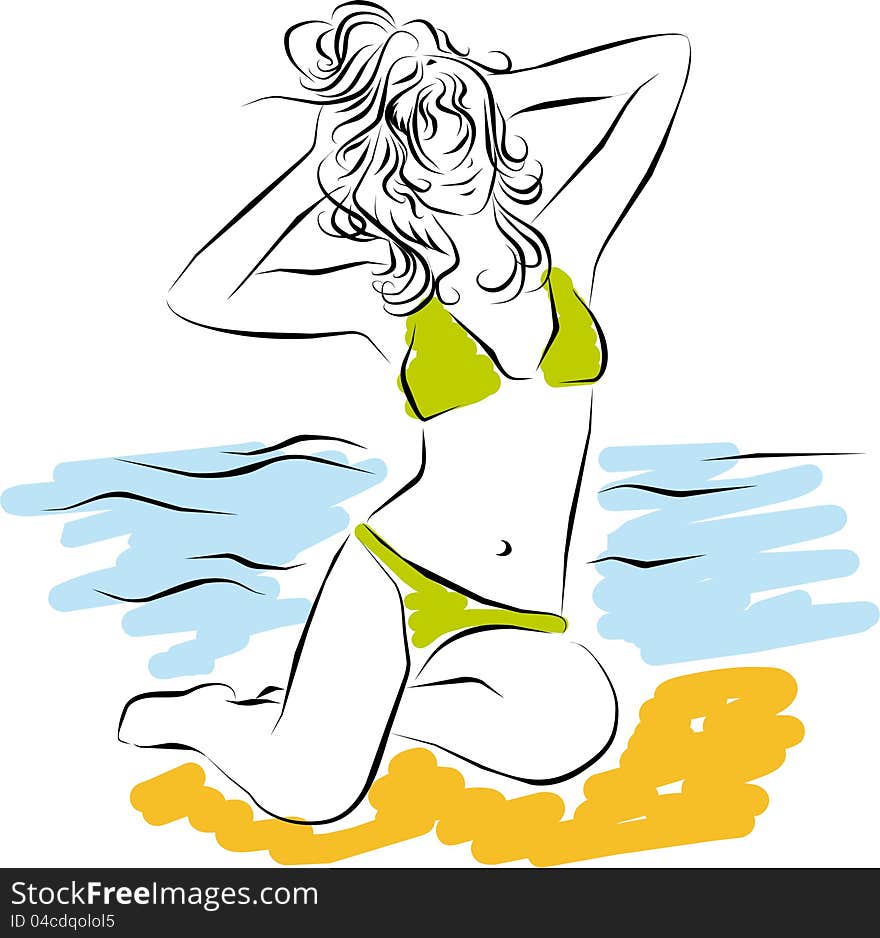 Summer girl on beach. Vector Illustration