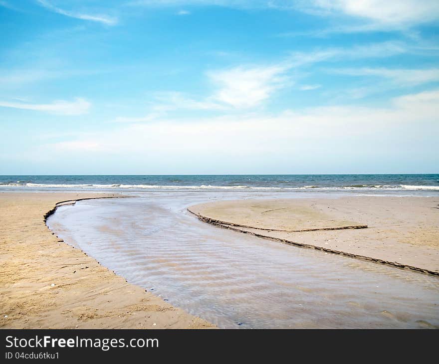 Track of boat on beach, huahin, thailand