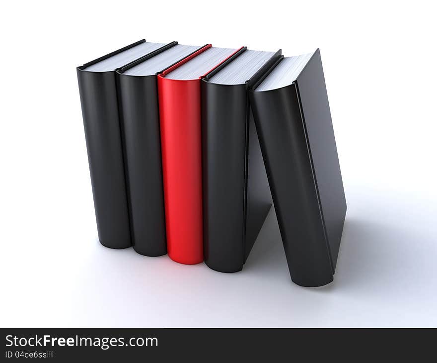 Couple of black books with the red book in the middle (3d render)