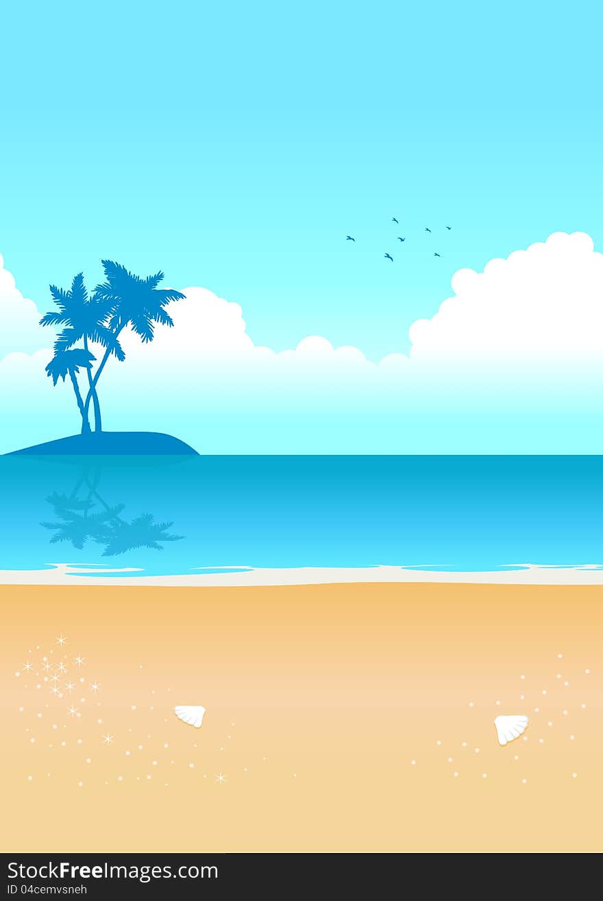 Illustration of the beach with small island with palm trees on it