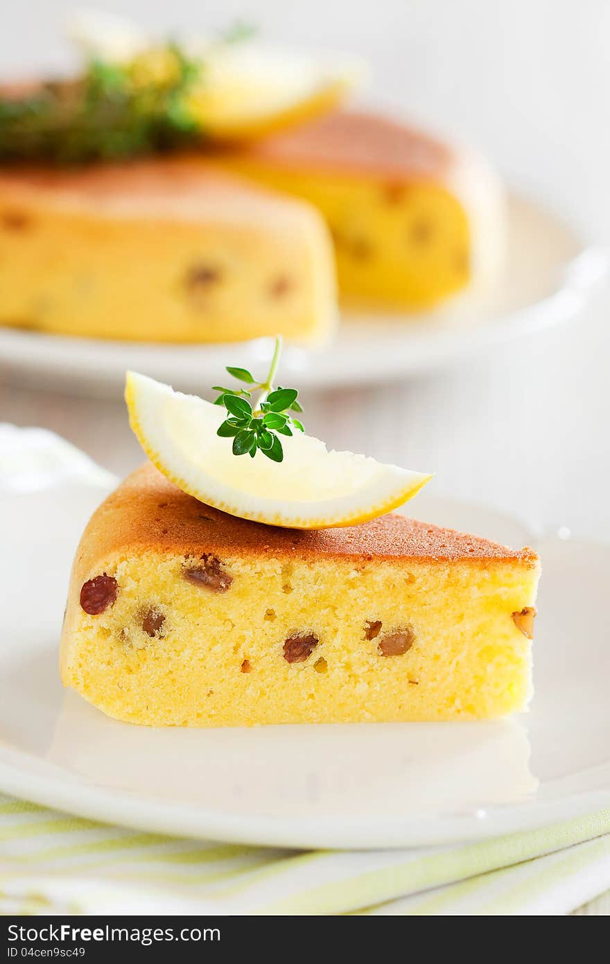 Lemon cake with raisins, selective focus