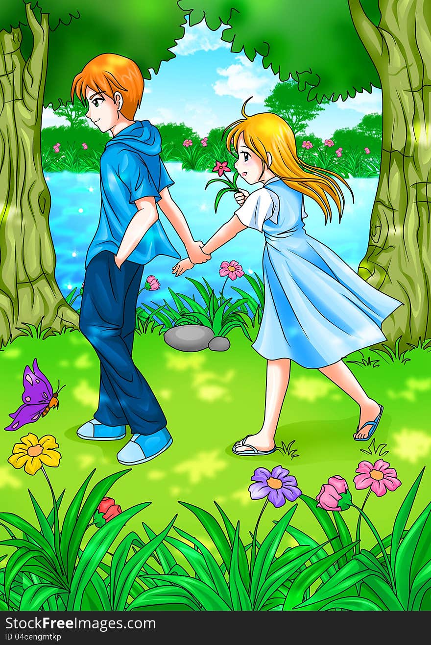 Cartoon illustration of teen couple walking in the garden. Cartoon illustration of teen couple walking in the garden