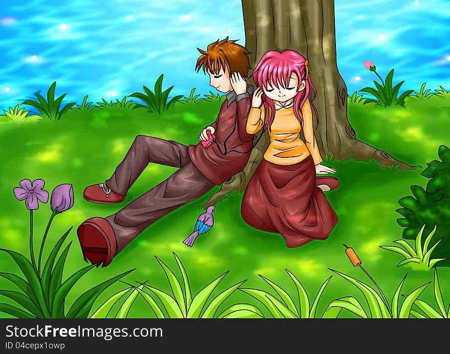 Cartoon illustration of a couple sitting under the tree. Cartoon illustration of a couple sitting under the tree