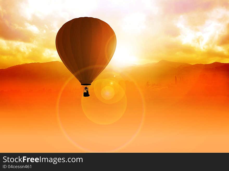 Photo manipulation of an air balloon at the sunrise