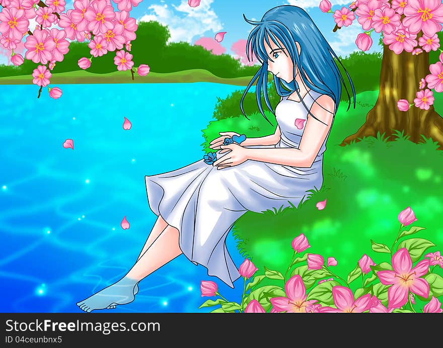 Cartoon illustration of a girl sitting near the river. Cartoon illustration of a girl sitting near the river