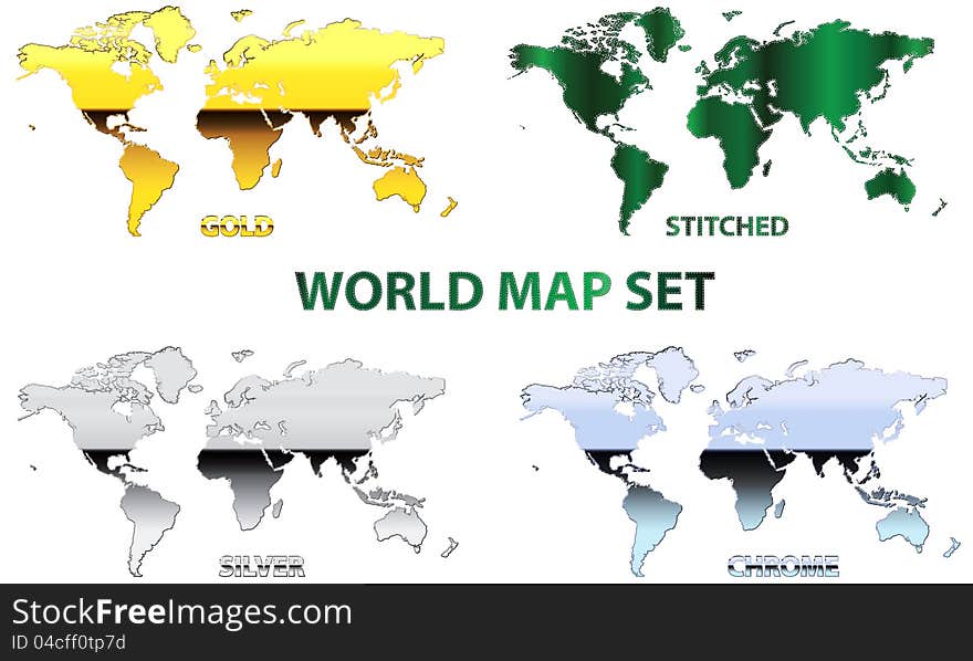 A set of 4 world map in different styles, gold, silver, chrome and stitched. A set of 4 world map in different styles, gold, silver, chrome and stitched