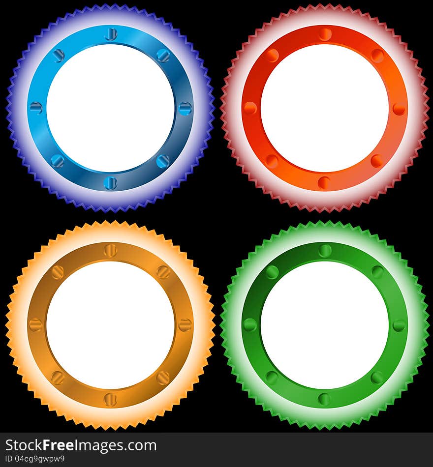 Four multi-colored stickers located on a white background