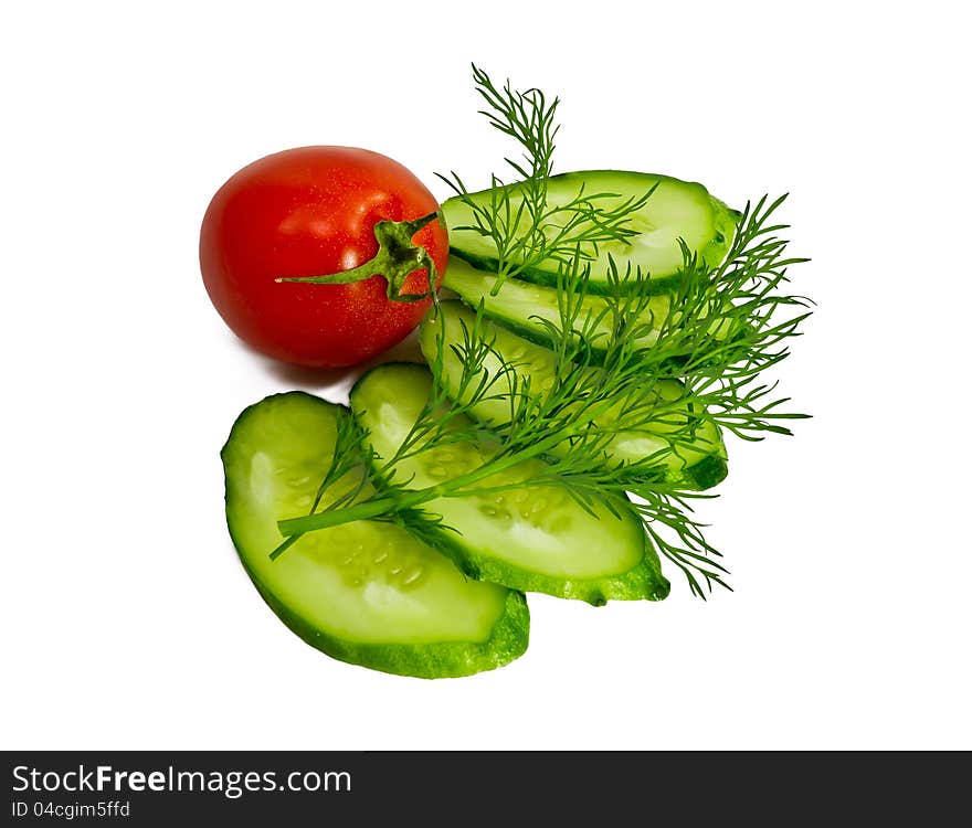 Tomato cucumber dill on white background