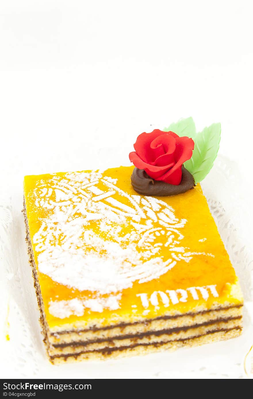 Burned yolk cake and delicious chocolate with white background