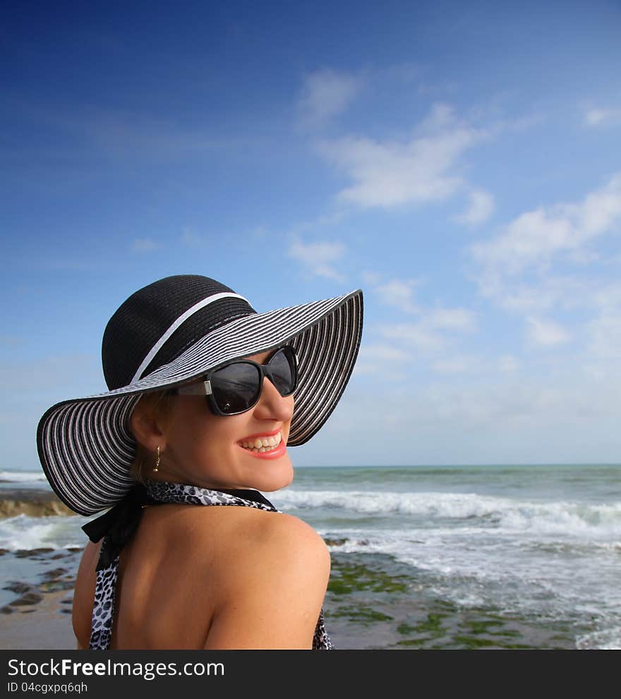 Beauty woman silhouette over sea horizon. Beauty woman silhouette over sea horizon