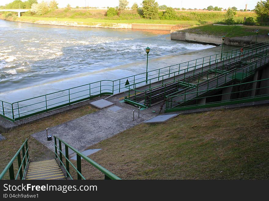 Water flows out of a hydroelectric dam