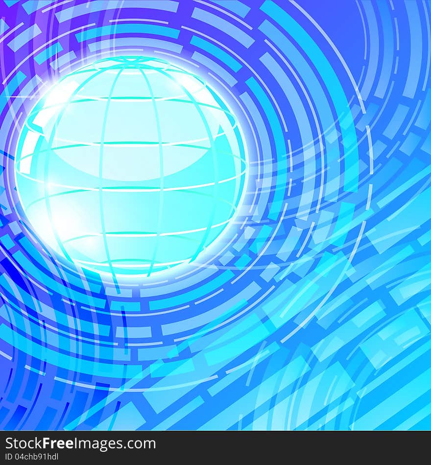 Blue glossy globe over abstract background with concentric circles. Blue glossy globe over abstract background with concentric circles