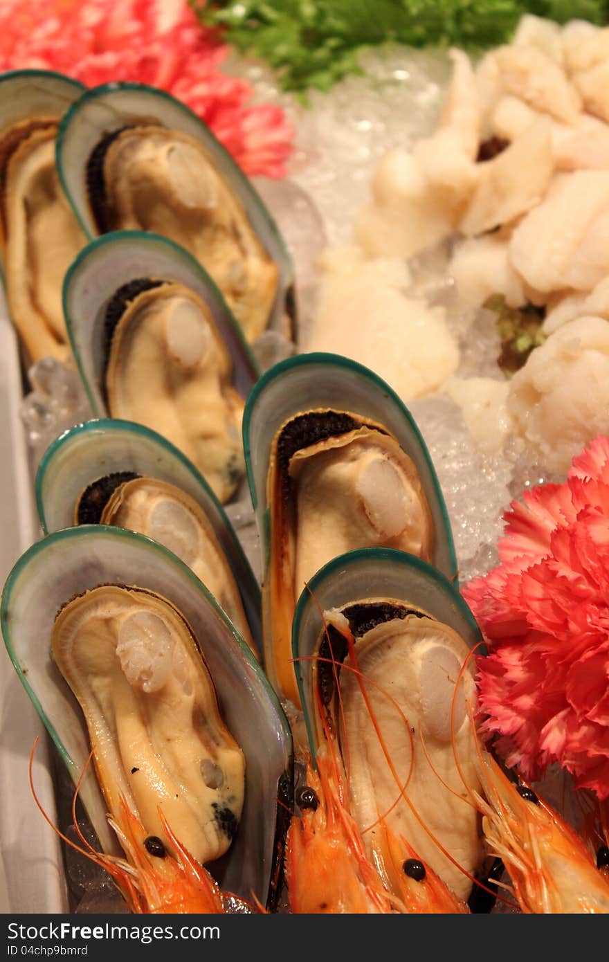 Mussel Seafood on ice buffet line Corner