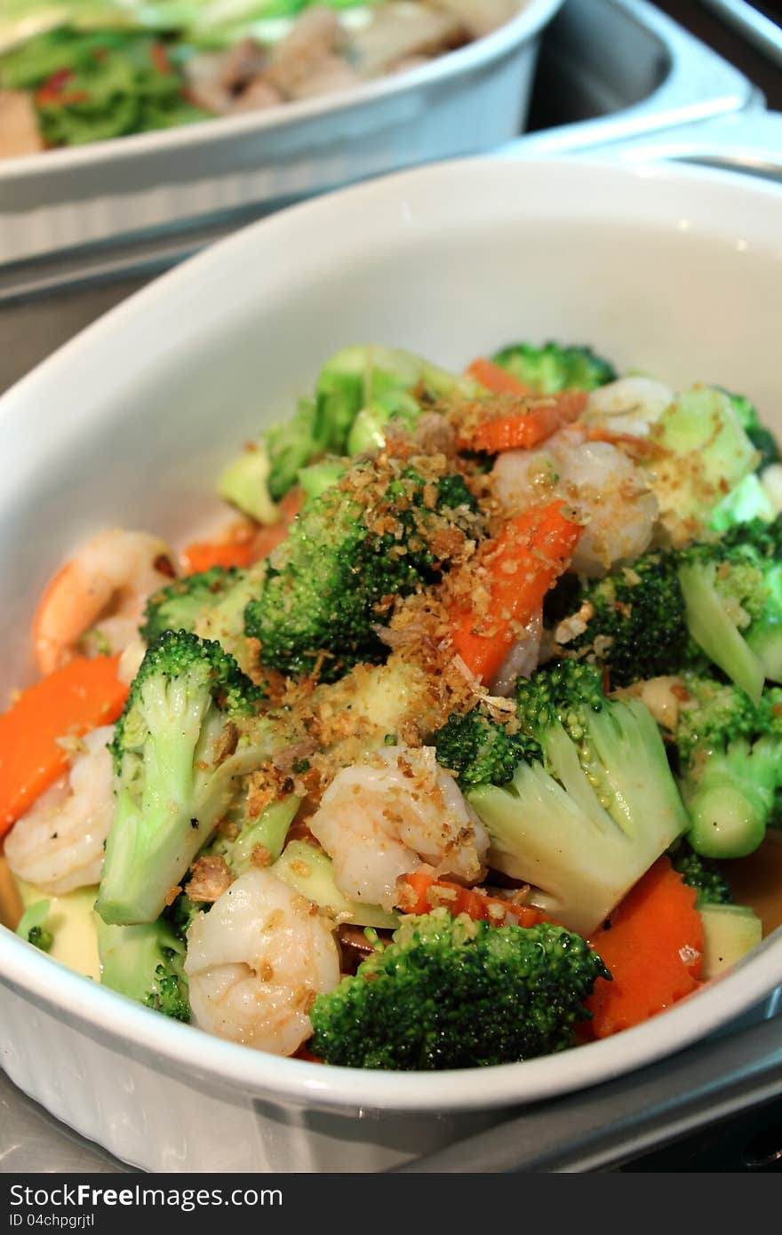 Fried shrimp vegetables in a big bowl. Fried shrimp vegetables in a big bowl