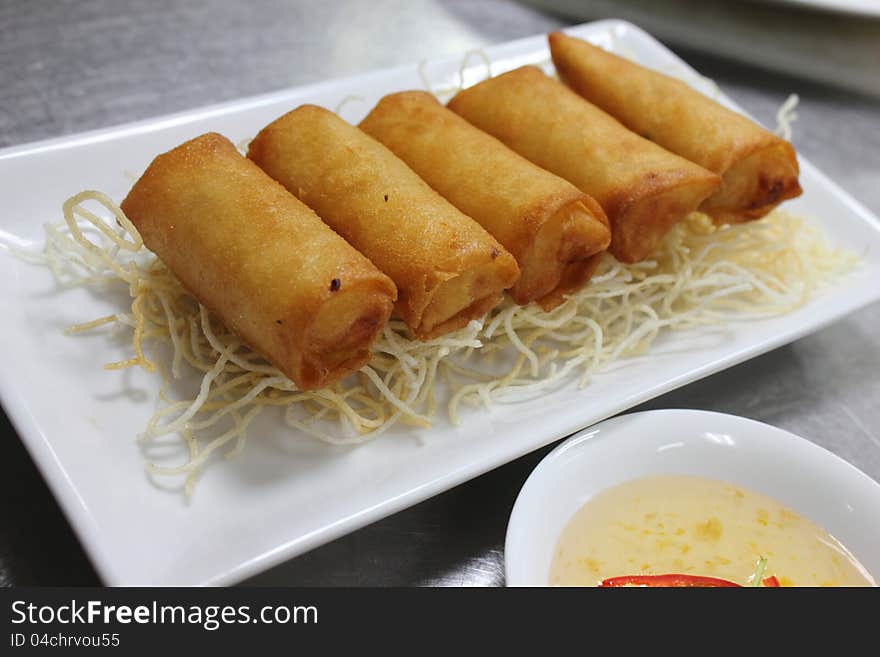 Deep fried spring rolls with sweet sauce