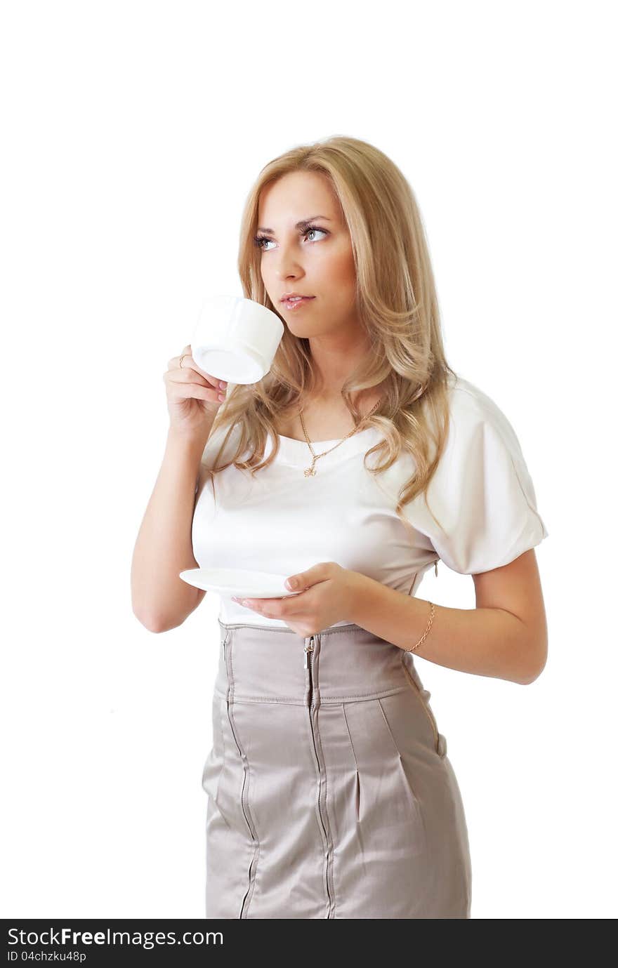 Businesswoman having coffee break isolated on white. Businesswoman having coffee break isolated on white