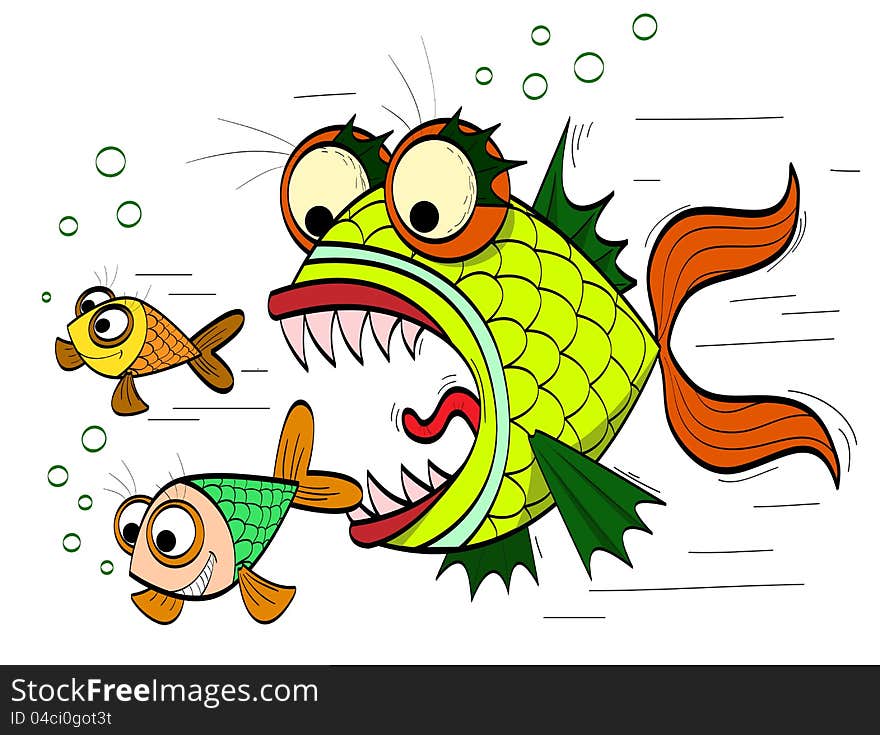 Angry toothed fish chasing small fish. Angry toothed fish chasing small fish