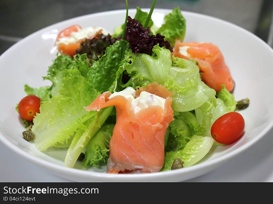 Italian menu salad Smoked salmon with vegetable