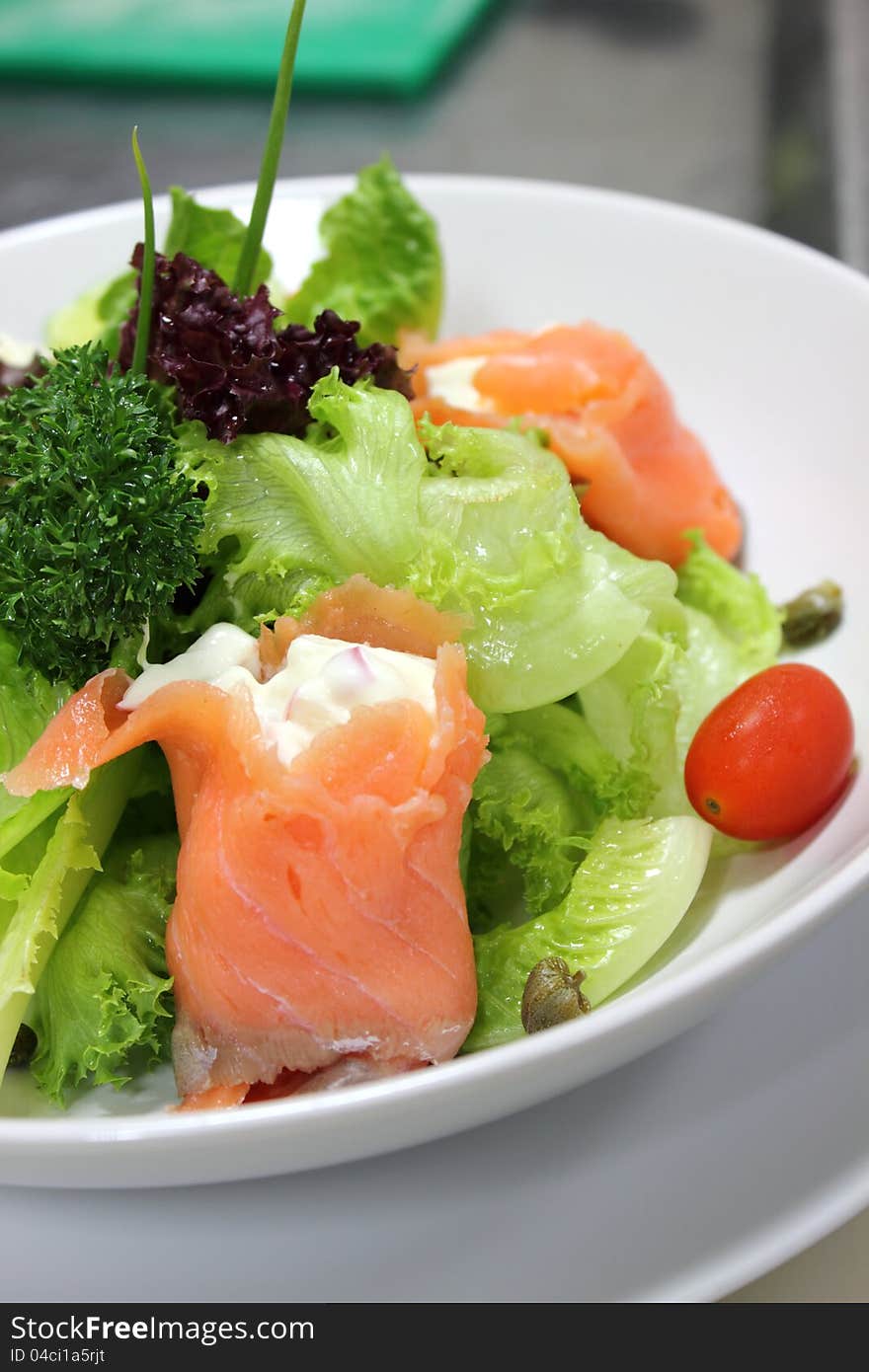 Italian menu salad Smoked salmon with vegetable