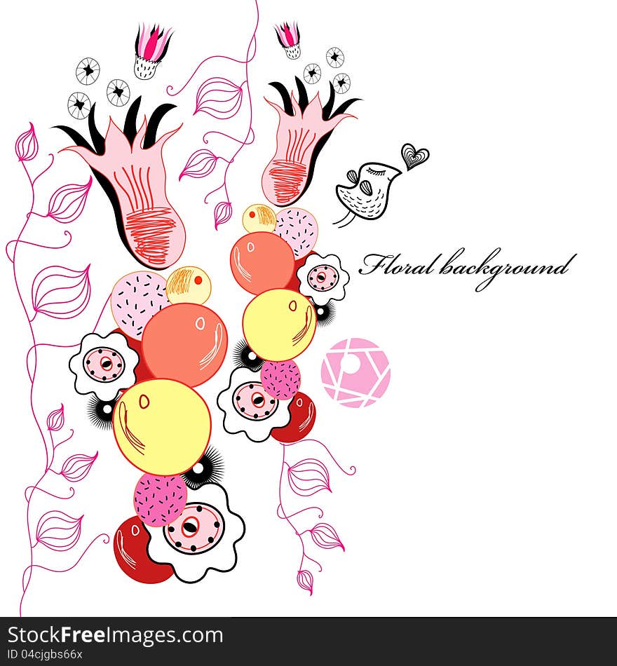 Bright floral background with fruit and a bird on a white