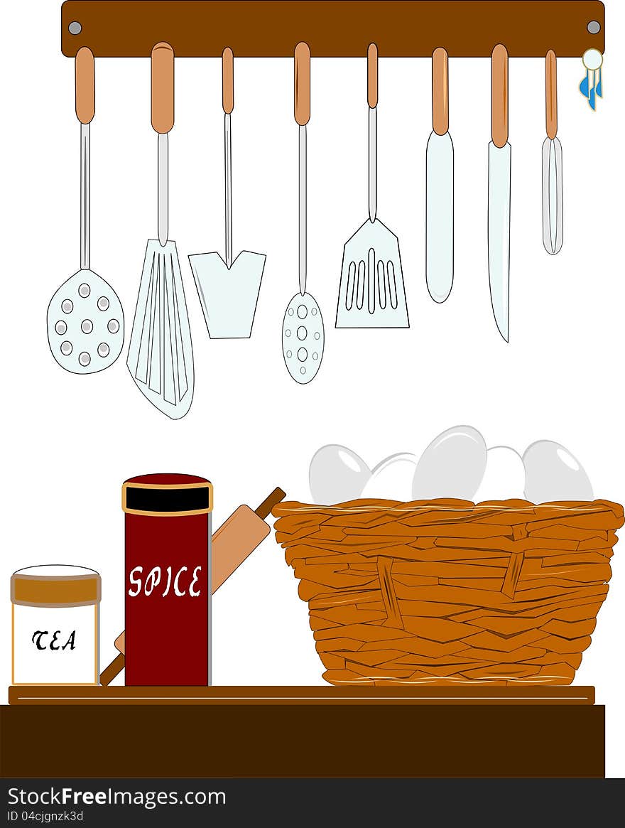 Illustration of retro style kitchen with woven basket of eggs and utensils. Illustration of retro style kitchen with woven basket of eggs and utensils