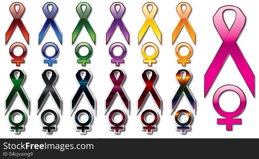 Set of 13 Awareness Ribbons in different colors.