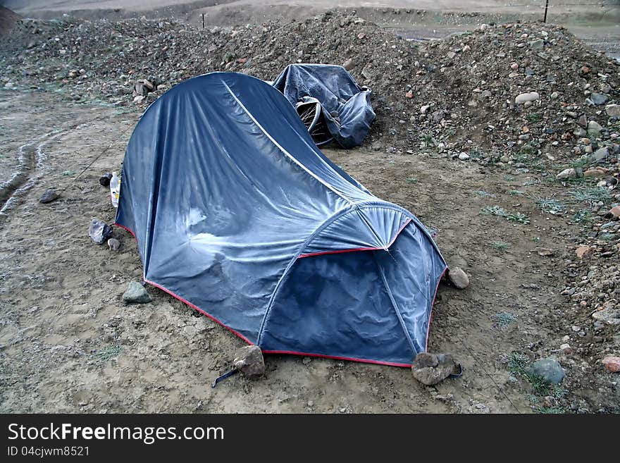 Frost on a tent after freezing night high on a Tibetan plateau. Frost on a tent after freezing night high on a Tibetan plateau