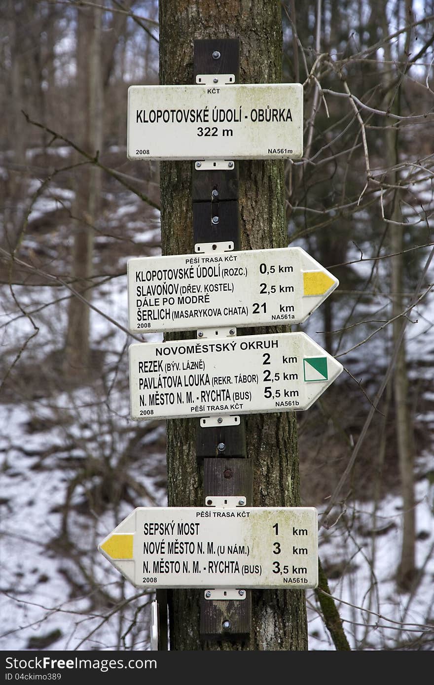 Directional arrows to tourists in the forest, nove mesto nad metuji. Directional arrows to tourists in the forest, nove mesto nad metuji