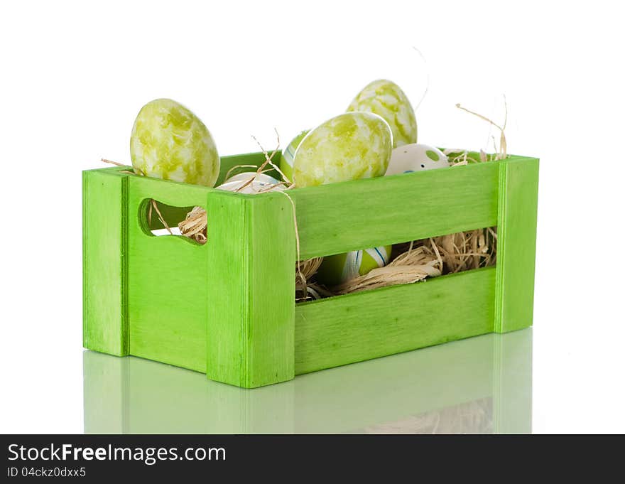 Easter eggs in wooden box