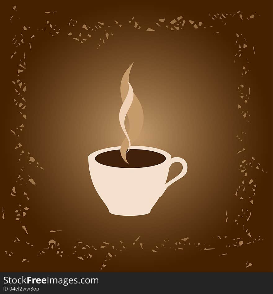 Hot coffee cup on brown background, vector image