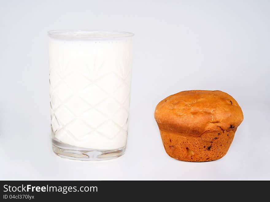 Delicious cake and milk in a glass