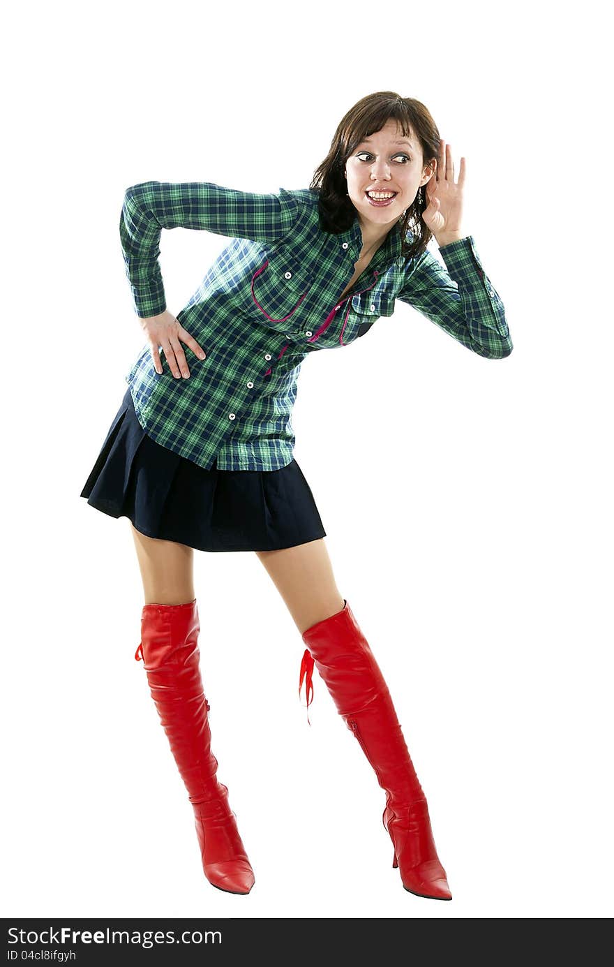 Girl in red boots listening