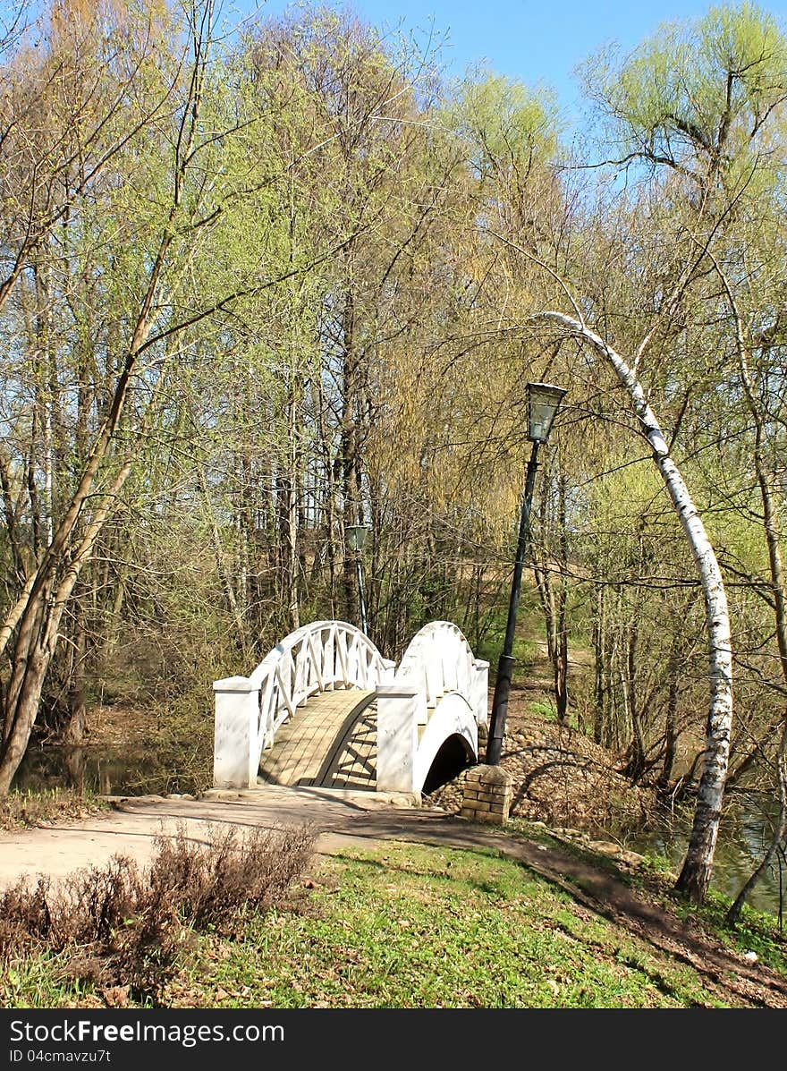 White curved bridge through a pond among the trees. White curved bridge through a pond among the trees