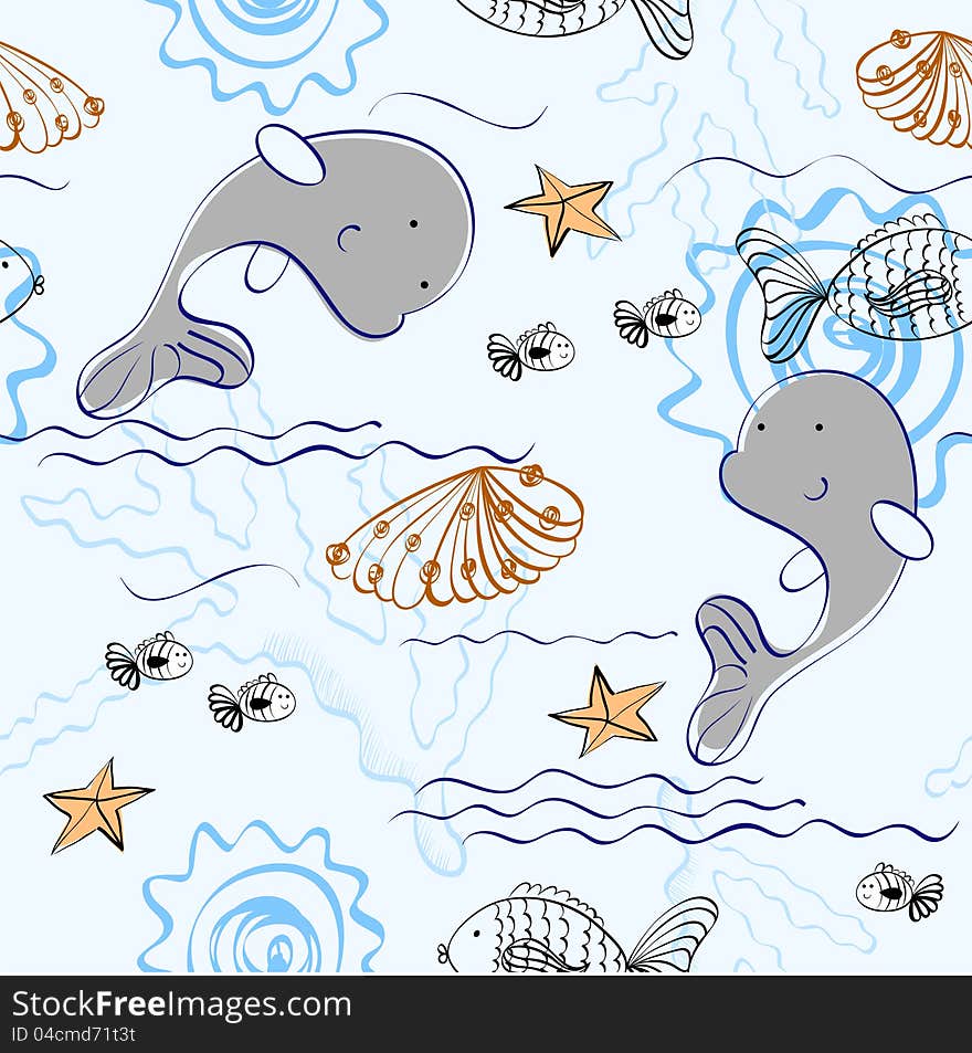 Babies hand-drawn sea seamless pattern. Sea background