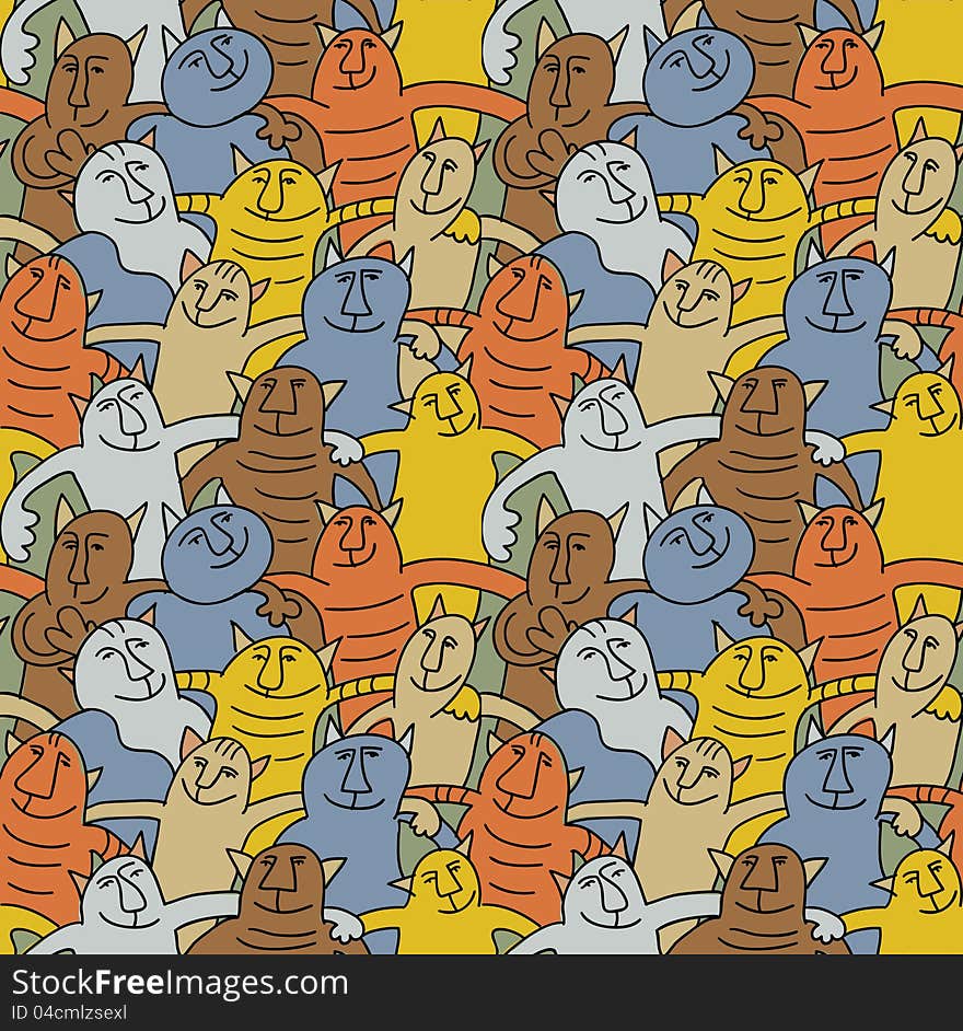 The seamless pattern with group of funny happy cats. Colored vector illustration. The seamless pattern with group of funny happy cats. Colored vector illustration