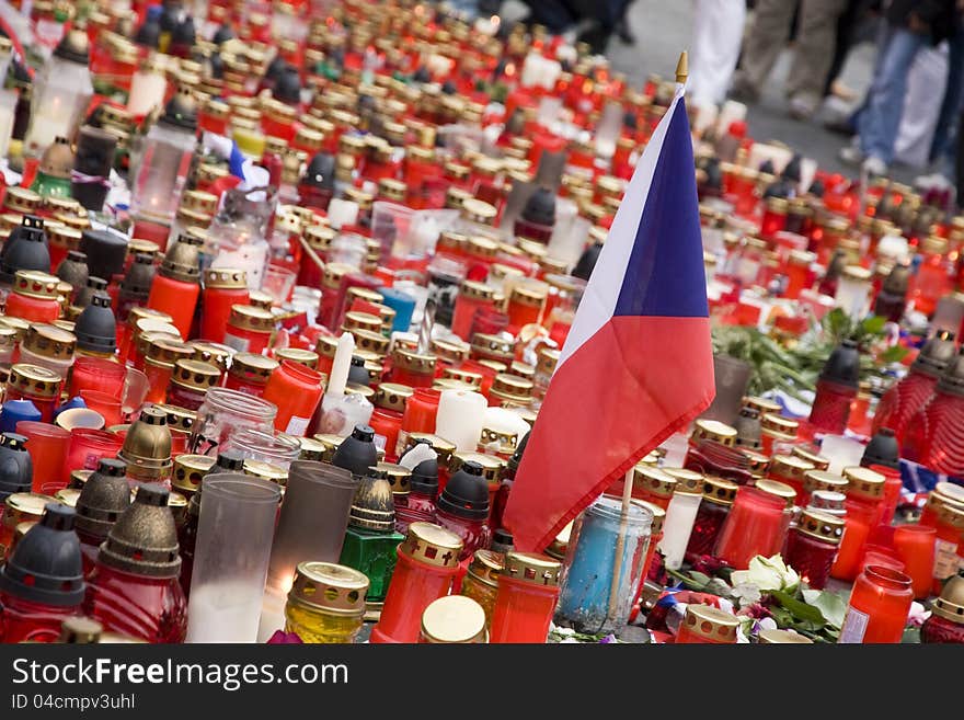 Czech flag of candles, commemorate the deceased czech hockey players, funeral candles to commemorate vašíček, marek and rachůnek, candles on the old town square, mourning after a plane crash with czech hockey players