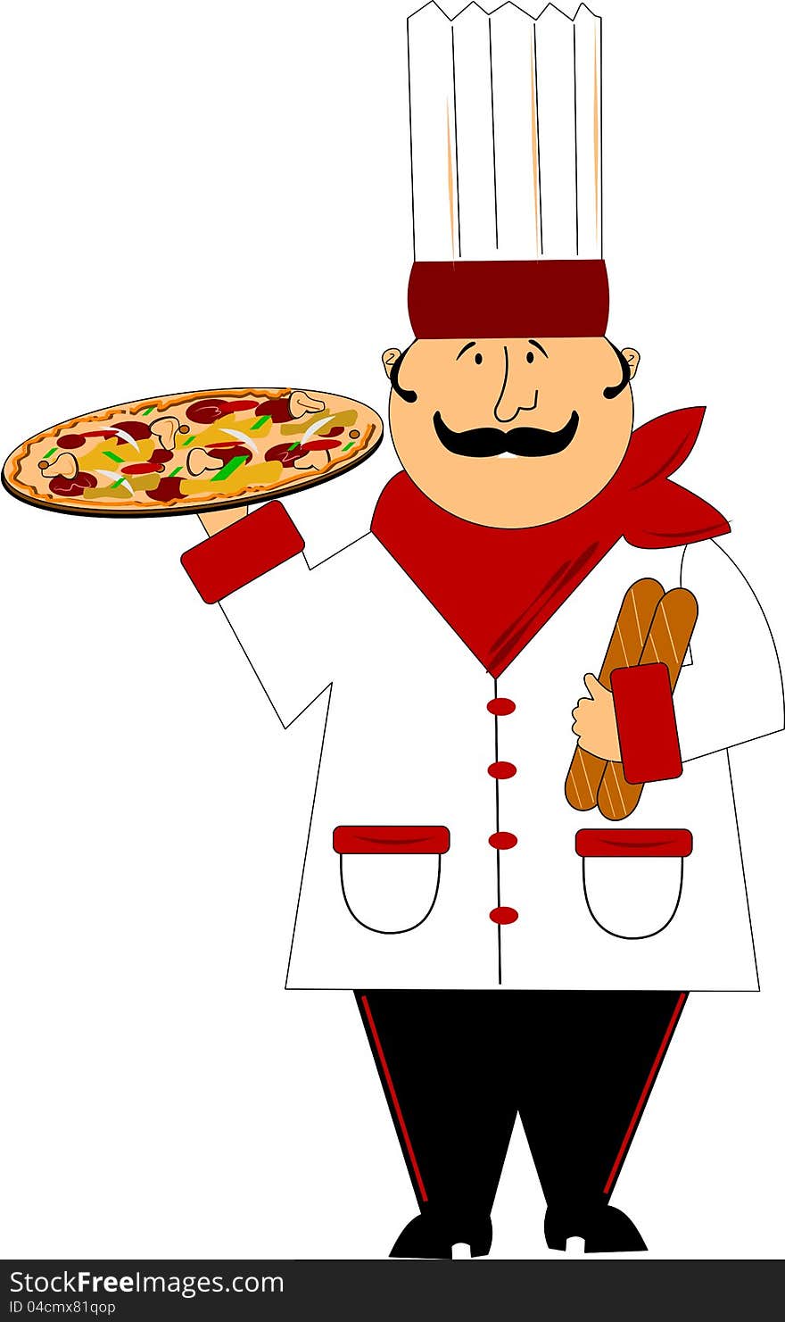 Pizza chef with large all dressed pizza and hand full of bread in formal attire. Pizza chef with large all dressed pizza and hand full of bread in formal attire