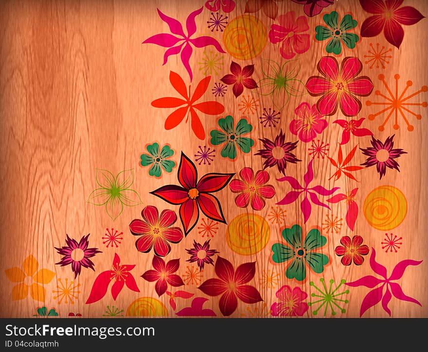 Colorful  flowers on cherry wood background. Colorful  flowers on cherry wood background