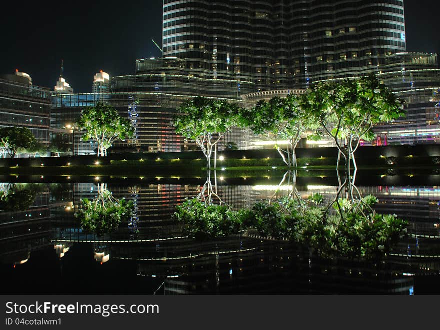 Night view of pond near the tower BurjDubai