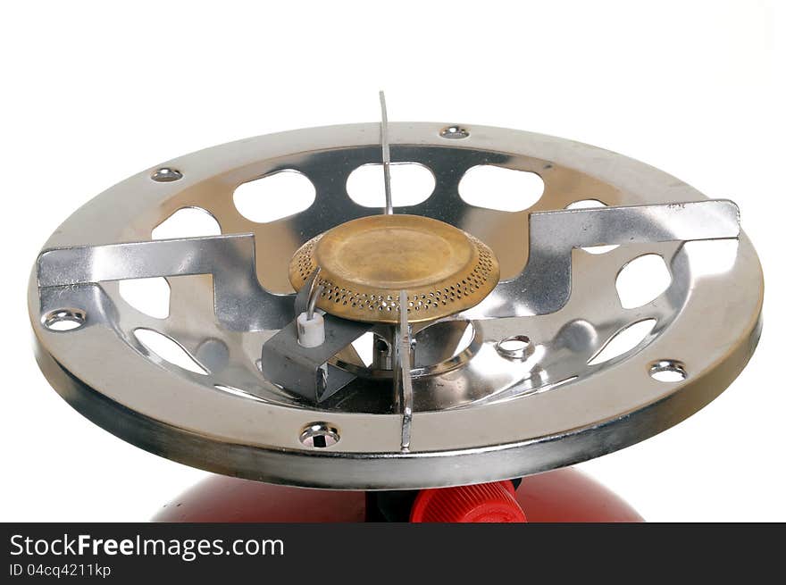 Mini gas cylinder burner on white background - closeup shot. Mini gas cylinder burner on white background - closeup shot