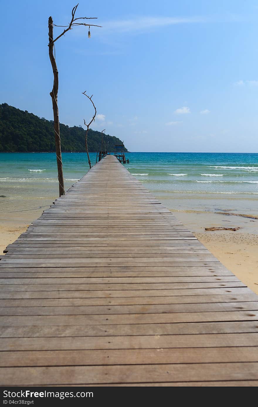 Wood bridge to the sea, at Koh Kood Thailand